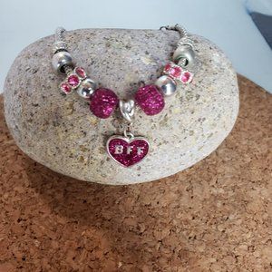 Silver Tone Hot Pink BFF Heart Beads Snake Chain Bracelet 8" Total L 2" Dia